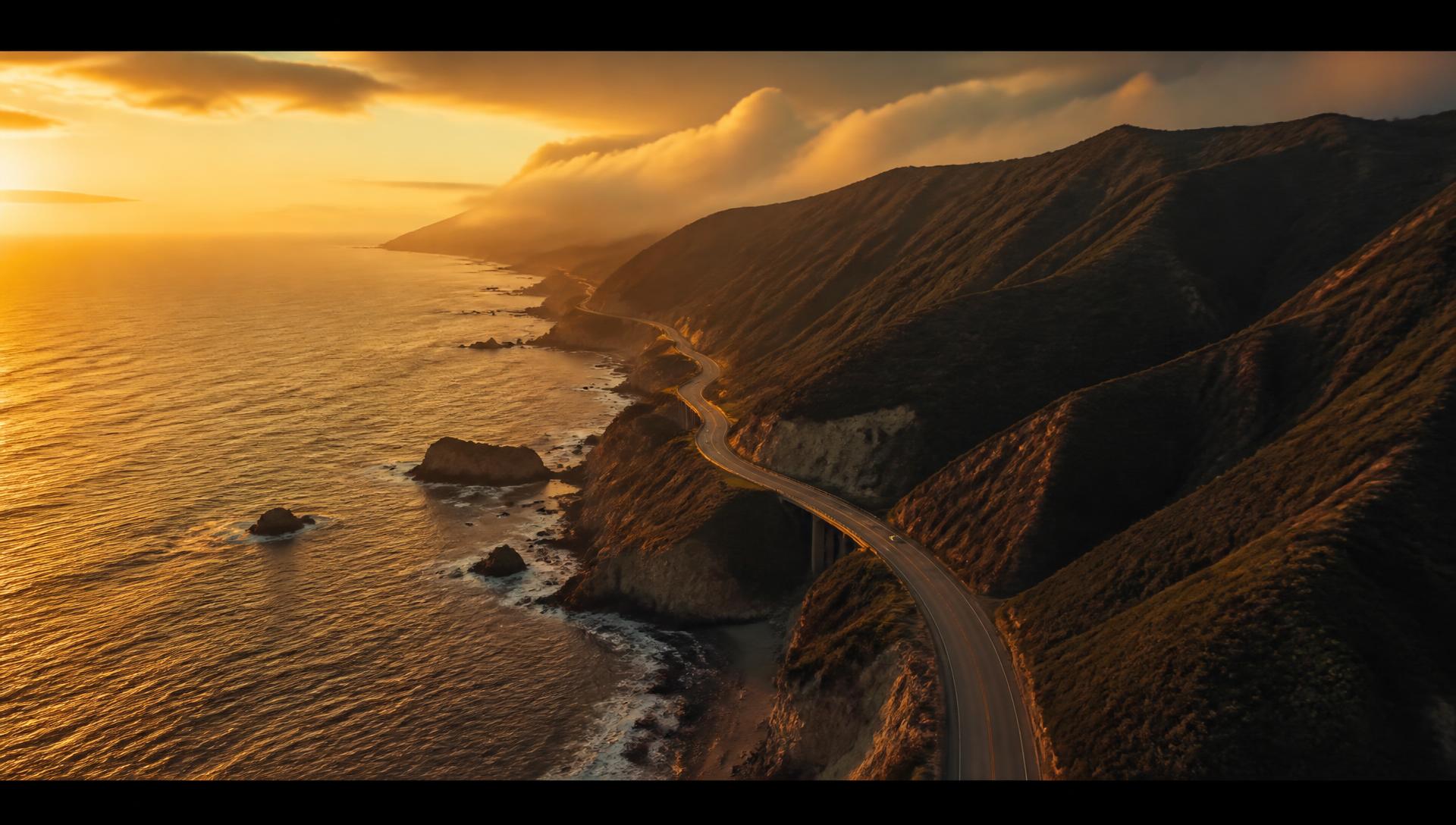 Aerial view of a coastal highway at golden hour